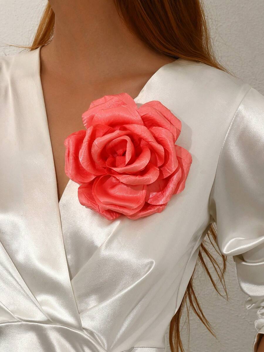 1 chiếc ghim cài áo hoa hồng 3D lớn bằng satin xếp ly màu đỏ dưa hấu, phong cách Pháp vintage sang trọng thanh lịch trí thức, họa tiết hoa tinh tế nhiều lớp, cảm giác cao cấp, có thể phối với váy, vest, áo khoác, sơ mi và túi xách, phù hợp cho đám cưới, tiệc tùng, hẹn hò, đi làm và các dịp khác, tôn lên vẻ tinh tế thanh lịch cho trang phục của bạn - Dưa hấu đỏ - Xem 1