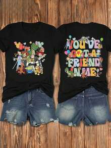 Camiseta Estampada de Doble Cara con Personajes de , "You've Got A Friend In Me", Woody, Buzz  y Otras Combinaciones de Personajes, Letras y Patrones de Texto Coloridos, , La Tela Es Suave, Cómoda y Transpirable, Adecuada para Uso Diario, Compras, Viajes, Fiestas y Uso en el Hogar. También es adecuado como un hermoso regalo. Toda mujer debería tener una. - Camiseta unisex de algodón holgada de manga corta y cuello redondo, estilo vintage urbano. Blusas para mujer. blusas.blusas casuales para dama. - Negro - Ver 7