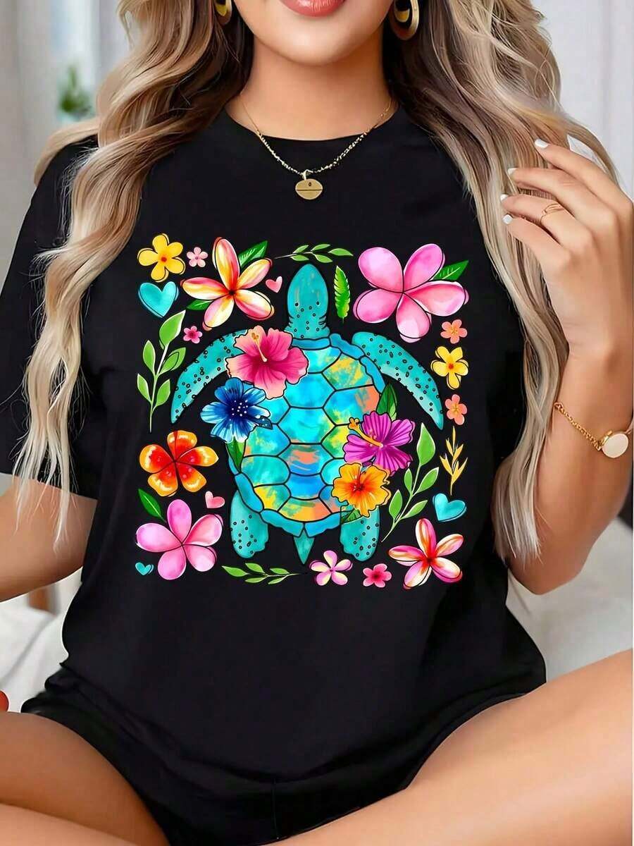 Blusa casual de mujer con estampado de tortuga y flores, camiseta gráfica con diseño vibrante de flores y vida marina, es una camiseta perfecta para regalar a amigos y familiares en cualquier fiesta u ocasión festiva, 220g - Negro - Ver 1