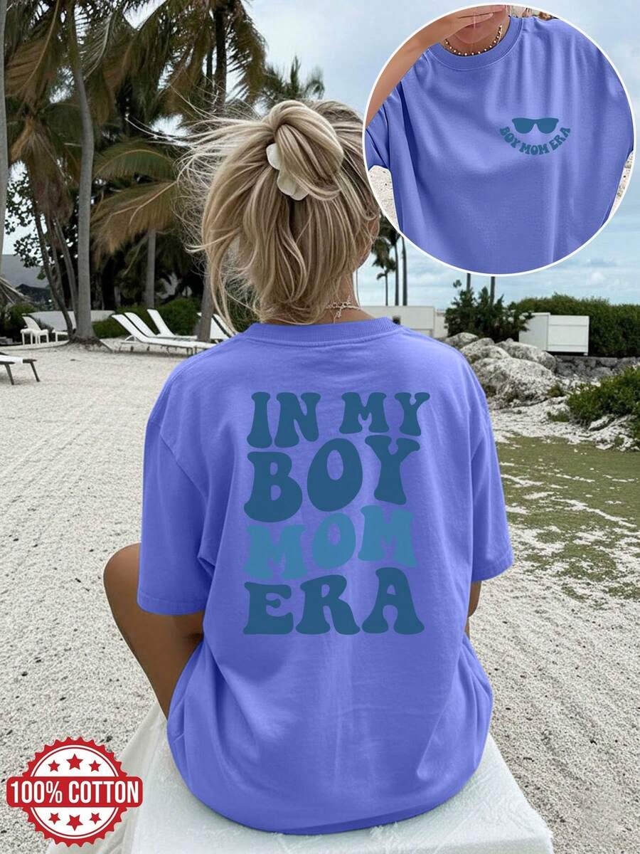 Limited Edition Graphic Print T-Shirt, Dropped Shoulders, Short Sleeves, Round Neck, Casual Style For Spring And Summer, Women's Clothing, Lightweight Cotton. - 藍色 - 查看 1