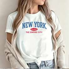 new york brooklyn the empire city blue and red design women's short sleeve t-shirt graphic print casual summer wear trendy fashion apparel comfortable fit for everyday use online shopping popular item in mexico - Blanco - Ver 6
