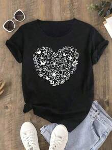 Camia Casual De Para Mujer, Camia Deportiva Casual Para Mujer Con Estampado De CorazóN Floral, Manga Corta, Cuello Redondo, Top CóModo, Nuevo Estilo 2026, 100% AlgodóN, Uso En Las 4 Estaciones, Corte Holgado, Ropa Casual VersáTil Para Mujer, Camia Suave, Ropa Urbana, Cuello Redondo De Verano, Manga Corta Ajustada Adecuado Como Regalo. Playera De Mujer. Blusas>Elegantes. Boho Chic,1 Pieza - Negro - Ver 7