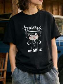 Ropa de Verano para Mujer, Camiseta de Algodón Suave Casual con Cuello Redondo, Estampado de Muñeca de Dibujos Animados con la Frase "FORSAKEN CHANCE". Blanco. - Negro - Ver 2