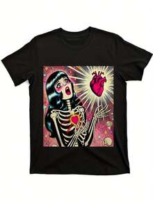 Camiseta negra con estampado de calaveras góticas y huesos, cuello redondo, manga corta, estilo vintage, estampado de cómics de terror, ropa de calle para mujer, atuendo casual para uso diario y fiestas, regalo de cumpleaños, camiseta de estilo romántico oscuro.camisas de mujer sudaderas para mujer sueter blusa casual mujer verano vestidos de graduación - Negro - Ver 6