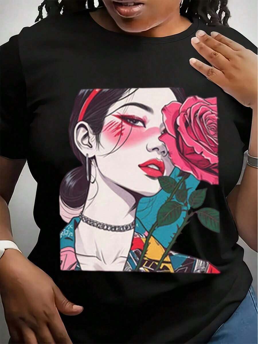 Camiseta Gráfica Rosa para Mujer, Camiseta Floral Femenina, Camiseta Gráfica Softstyle, Camiseta Rosa para Mujer, Camiseta Gráfica Rosa para Ella - Negro - Ver 1