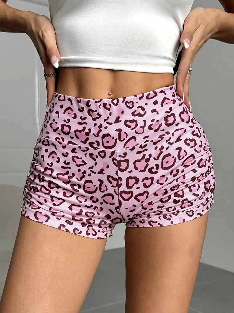 Pantalones cortos con estampado de leopardo rosa, pantalones cortos deportivos adelgazantes informales de cintura alta, pantalones sexys de tres cuartos para primavera y verano para mujer - Rosa - Ver 1