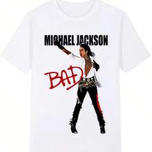 Camiseta unisex básica Michael Jacksons BAD, manga corta con estampado de álbum, ropa casual para hombres y mujeres para uso diario - Blanco - Ver 1