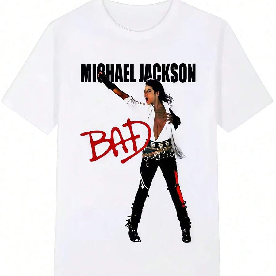 Camiseta unisex básica Michael Jacksons BAD, manga corta con estampado de álbum, ropa casual para hombres y mujeres para uso diario - Blanco - Ver 1