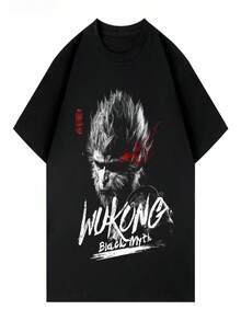 Black Short-Sleeved T-Shirt With A Round Neck And A Print Of The Mythical Monkey King. Do Not Wash. Loose Fit. Unisex. Plus Size Printed T-Shirt. - 黑色 - 查看 1