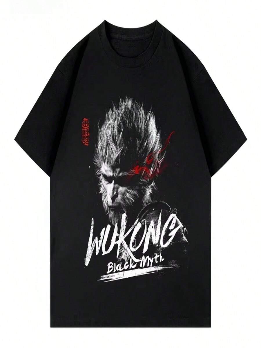 Black Short-Sleeved T-Shirt With A Round Neck And A Print Of The Mythical Monkey King. Do Not Wash. Loose Fit. Unisex. Plus Size Printed T-Shirt. - 黑色 - 查看 1