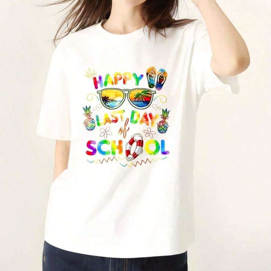 Camiseta "Feliz Último Día de Clases" para Maestros y Estudiantes, Estilo Vintage, Manga Corta, Algodón, para Hombres y Mujeres, Ropa Casual Urbana, Atuendo de Verano, Regalo para Amantes del Humor, para Fiestas y Uso Diario - Blanco - Ver 1