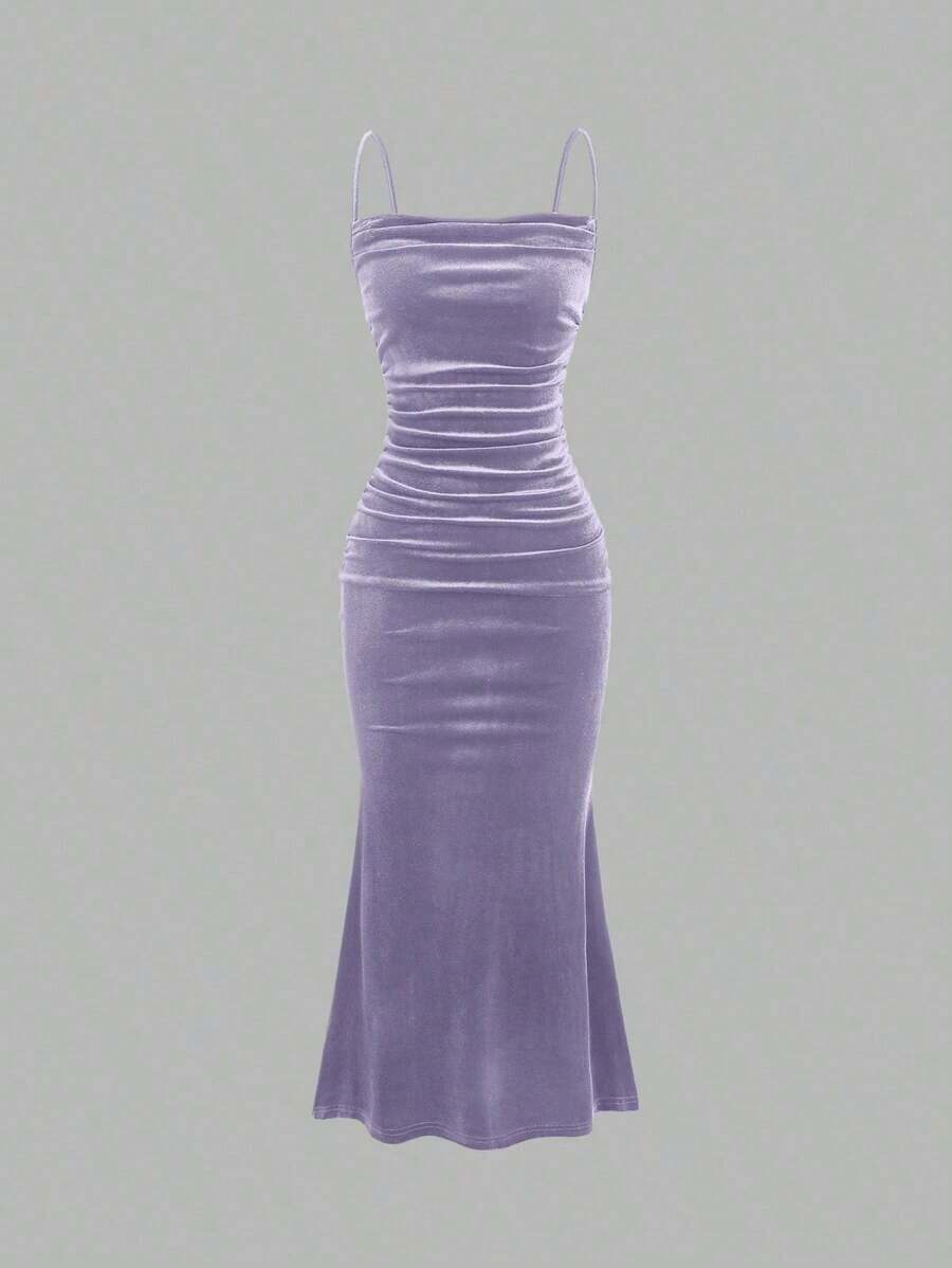 YHHSweetra Vestido casual de vacaciones de unicolor con tirantes de espagueti, fruncido y ajustado, para fiestas de Año Nuevo y vacaciones, vestido largo de terciopelo burdeos para mujerYHH - Lila Púrpura - Ver 1