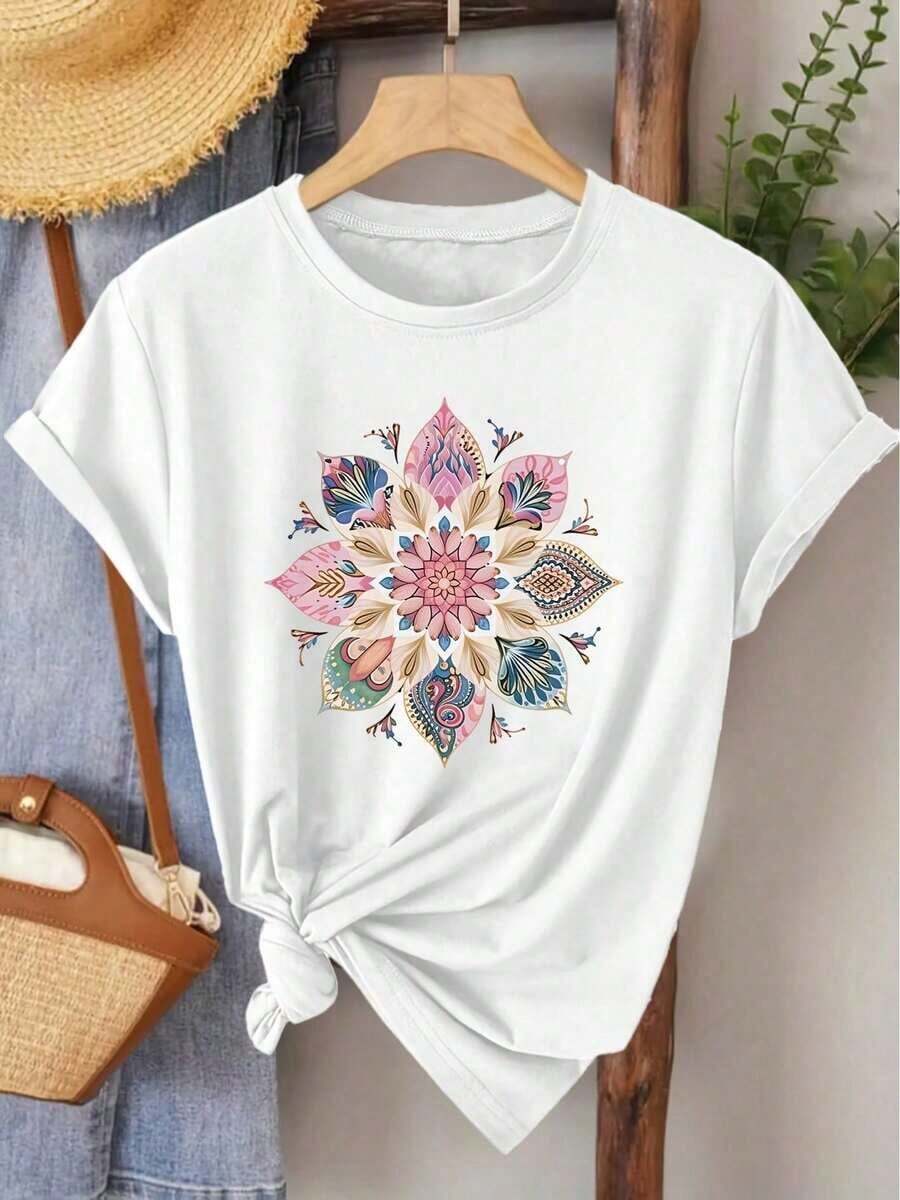 100% Cotton Elegant Women's Short-Sleeved T-Shirt With Mandala Print | Modern Vintage Style, Medium Stretch Fabric, Ideal For Spring, Summer, And Autumn, Versatile For Everyday Wear And Casual Outings, Sizes S-XXL - 白色 - 查看 1
