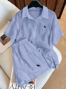 Conjunto informal vintage de 2 piezas, versátil y de moda - Azul - Ver 1