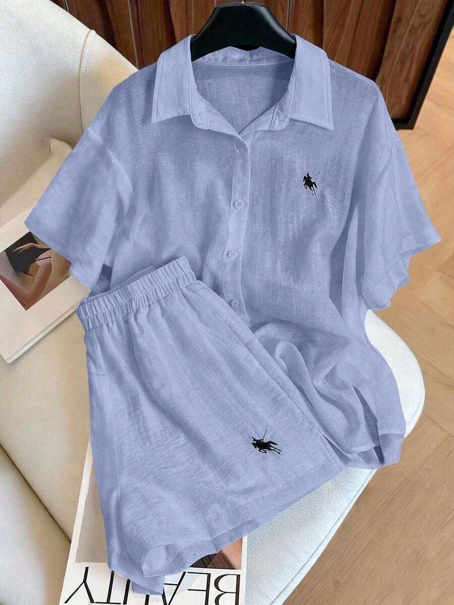 Conjunto informal vintage de 2 piezas, versátil y de moda - Azul - Ver 1