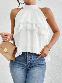 Blusa de gasa con volantes asimétricos y cuello suelto - Blanco - Ver 7