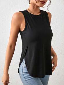 1 pieza Camiseta casual de mujer de cuello redondo y bajo con abertura lateral de un solo color - Negro - Ver 3