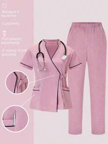 Conjunto de uniformes médicos: Parte superior de cuello en V de manga corta y pantalones para trabajadores de la salud - Rosa - Ver 9