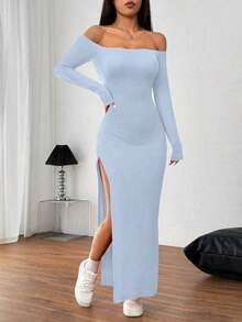 Vestido rojo sexy de hombros descubiertos con abertura lateral alta - Azul - Ver 3