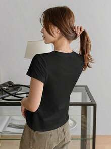 Camiseta casual de mujer de cuello en V y manga corta, unicolor, para uso casual de negocios, para maestras - Negro - Ver 4