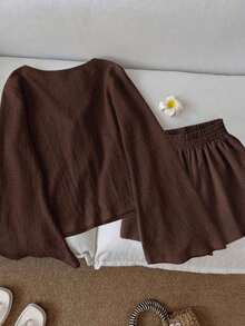 Conjunto de camisa y pantalones cortos de mujer casual de unicolor con lazo - Marrón - Ver 2