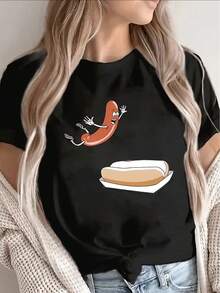 Lightweight And Durable T-Shirt With A Fun Sausage Graphic, Ideal For Casual Outings At Home, Restaurants Or Outdoors, Guaranteeing Comfort And A Touch Of Fun Every Day. - 黑色 - 查看 6