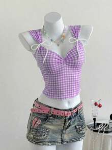 casual versátil de uso diario con pliegues a cuadros para mujer - Morado - Ver 6