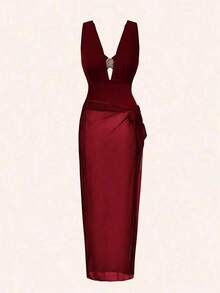 Traje de baño de una pieza elegante de talla grande con 3 piezas, decorado con hebilla de metal marrón, se puede usar por separado con atuendos, adecuado para fiestas y vacaciones - Burdeos - Ver 6