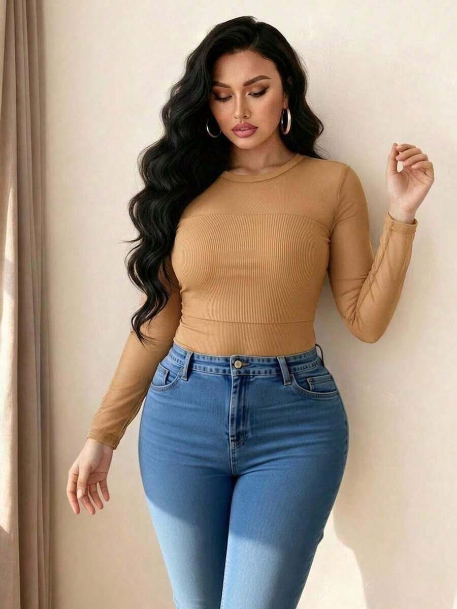 Camiseta básica negra de manga larga con cuello redondo y malla, talla grande y versátil, sexy - Caqui - Ver 1