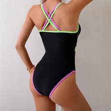 2026 New Style Contrasting Edge Sexy Triangle Bikini Backless Sports One-Piece Swimsuit For Women - Black - View 2