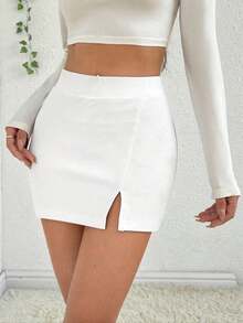 Falda de verano, falda recta con aberturas laterales para mujer, falda casual y sexy de cintura alta con corte mini, lisa, negra, para uso diario casual en primavera/verano - Blanco - Ver 4