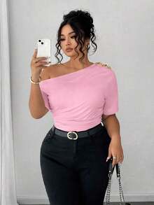 Blusa de talla grande para mujer elegante, personalizada, de moda, versátil, con un solo hombro, adecuada para uso diario - Rosa - Ver 7