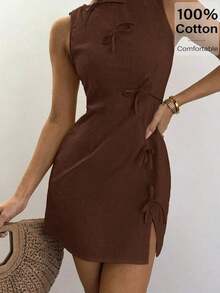 2026 New Release: Bohemian Office Siren Mini Dress - Linen-Cotton Blend Beige Sleeveless Dress With Bowknot Detailing, A-Line Summer Work To Weekend Outfits Summer Dresses For Women Brown Casual - Albaricoque - Ver 7