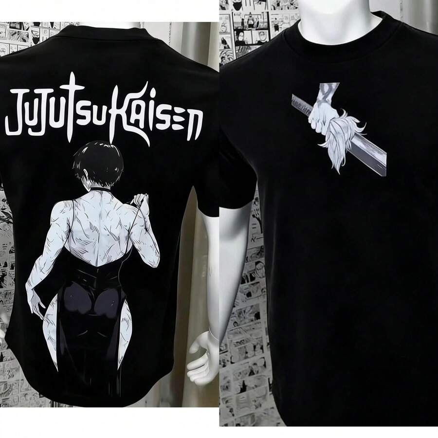 Playera de cuello redondo de verano de algodón 100% unisex con estampado de de , A124 estilo streetwear, disponible en tallas S a 3XL, ideal para fanáticos del anime y el manga japonés, ropa casual de alta calidad para hombres y m - Negro - Ver 1