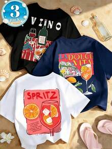 Set de Prenda individual, no un conjunto de 3 piezas, 1 piezas/set de camisetas de manga suitable for streetwear, Top oversized cuello redondo daily outings, camping, concerts, hip-hop, rock, and rap events camisetas de manga corta con cuello redondo, estampado de bebida cítrica y letra, de estilo minimalista y veraniego. Tops casuales de moda y versátiles para mujer - Negro - Ver 1