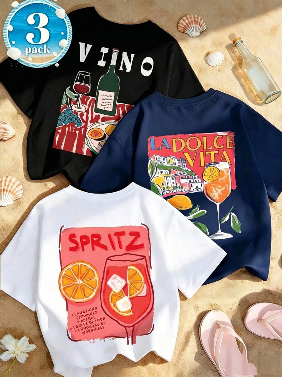 Set de Prenda individual, no un conjunto de 3 piezas, 1 piezas/set de camisetas de manga suitable for streetwear, Top oversized cuello redondo daily outings, camping, concerts, hip-hop, rock, and rap events camisetas de manga corta con cuello redondo, estampado de bebida cítrica y letra, de estilo minimalista y veraniego. Tops casuales de moda y versátiles para mujer - Negro - Ver 1
