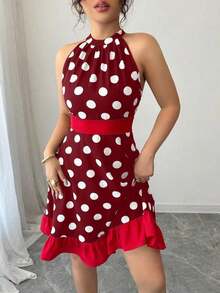 Vestido mini casual de fiesta con pliegues y lunares para mujer - Rojo - Ver 3