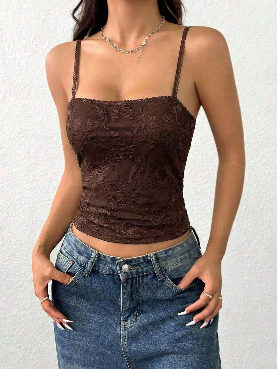 Camiseta de tirantes de encaje informal en verde militar, para verano - Marrón - Ver 1