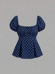 Sweetro Blusa de mujer con cuello en V, manga de pétalos y lunares blancos, estilo francés para primavera/verano - Azul marino - Ver 3
