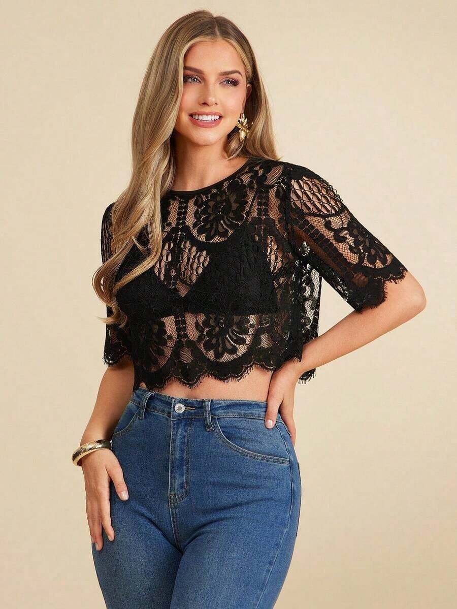 Blusa suelta de manga corta con encaje elegante para mujer, adecuada para la temporada de bodas, citas, primavera y verano, color: Blusa de verano casual de primavera y verano para mujer Blusa blanca Blusa bohemia Blusa de ojal Blusas de verano par - Negro 3 - Ver 1