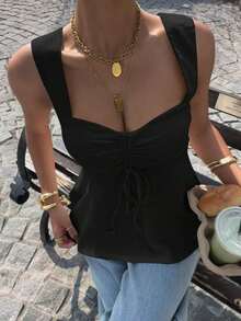 Top de tirantes con diseño de cordón en punto color caqui para mujer - Negro - Ver 4