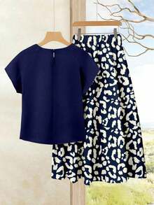 2 piezas Conjunto casual de verano para mujer con parte superior de unicolor + falda estampada, conjunto de verano para mujer, conjunto de falda y blusa, conjunto de falda y blusa para mujer, conjunto de falda estampada, conjunto de prendas con - Multicolor 3 - Ver 2