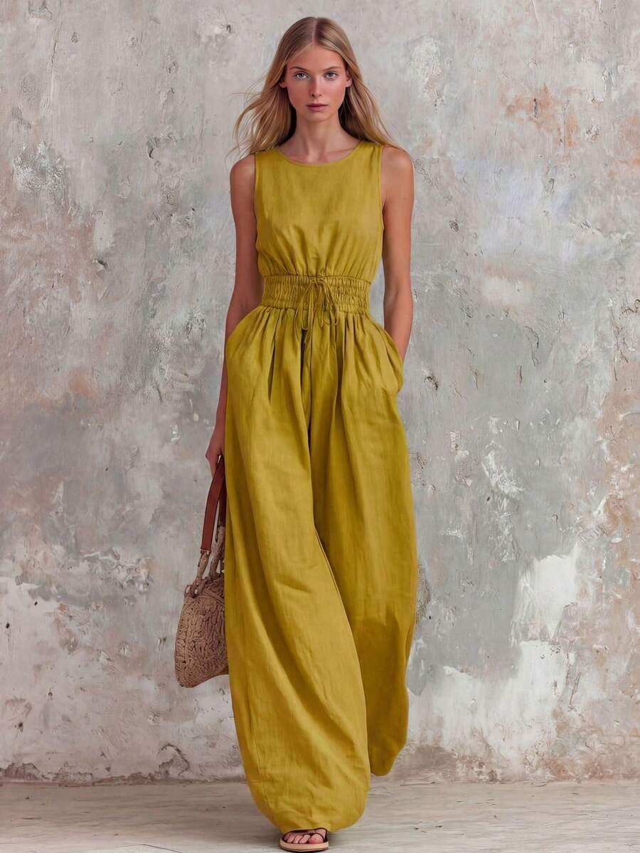 Women's Retro Casual Jumpsuit In Green With Ruffle, V-Neck And Sleeveless, Made Of Cotton And Linen - Yellow - View 1