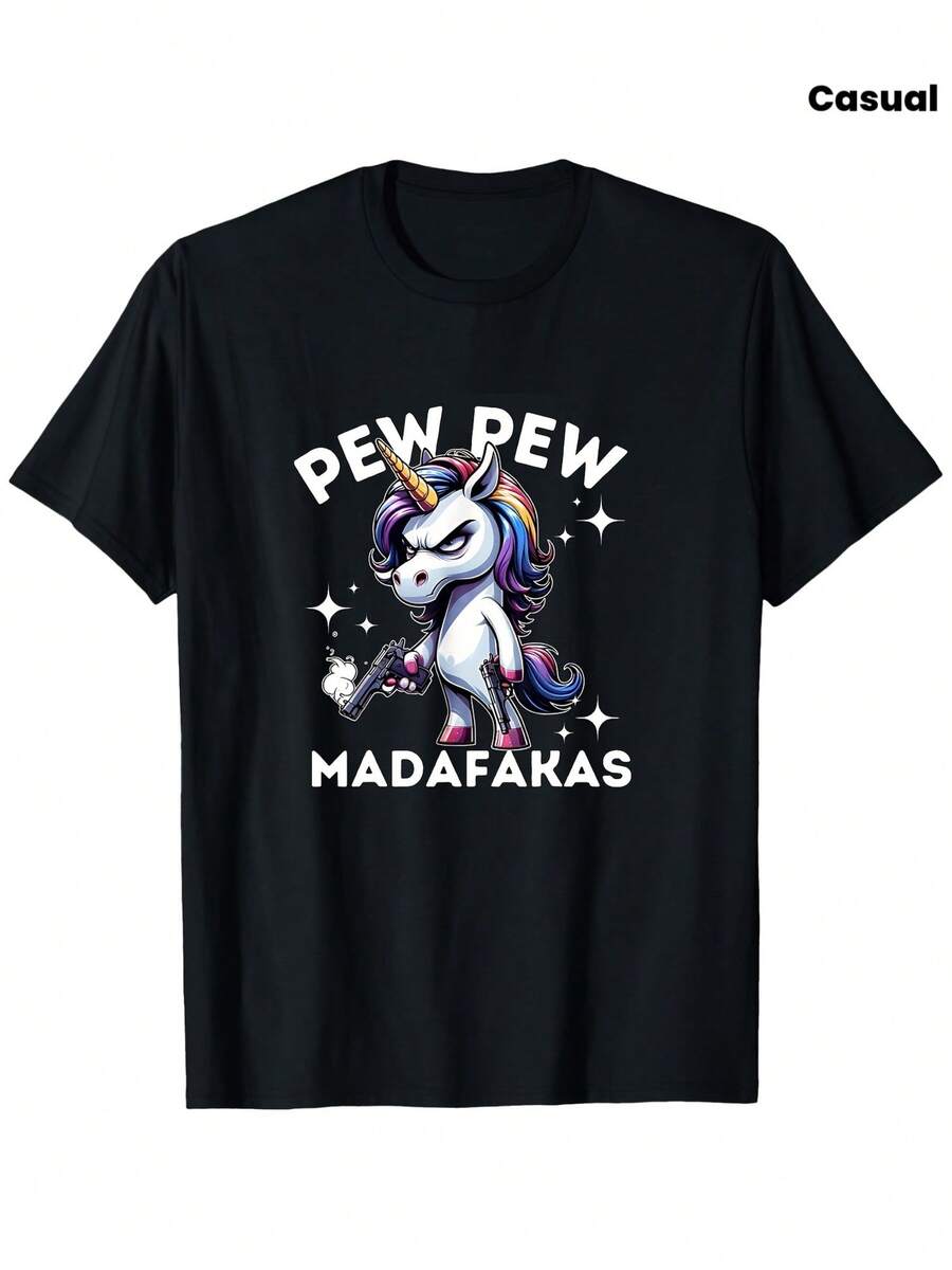 Camiseta gráfica de unicornio enojado Madafakas - Camiseta casual negra con un diseño de unicornio vibrante, texto PEW PEW y MADAFAKAS, ideal para hombres y mujeres, adecuada para actividades al aire libre y uso diario, camiseta de unicornio - Negro - Ver 1