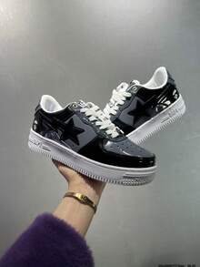 Giày thể thao A BATHING APE Bape Casual Skate, giày sneaker bóng bẩy với logo ngôi sao phối màu tương phản, màu đen và xám tráng gương dành cho nam và nữ. - Gương đen và xám - Xem 2