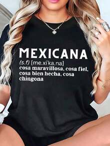LooseCamiseta casual estampada para mujer, diseño original mexicano; camisa casual para mujer; camiseta para mujer; ropa de primavera/verano para mujer; topsBasic Crew Neck Cotton T-shirt for Women - Negro - Ver 12