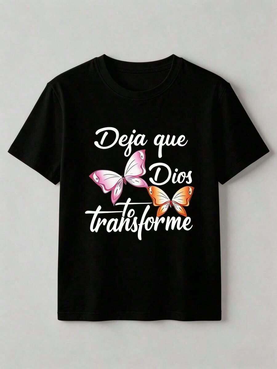 Women's Graphic Tees - Christian Style - "Let God Transform You" Letter Print - 100% Cotton - Women's Sets - Casual Short Sleeve T-Shirt - Women's Tops - Loose Fit T-Shirt - Everyday Wear - Suitable For Spring, Summer, And Autumn - 黑色 - 查看 1