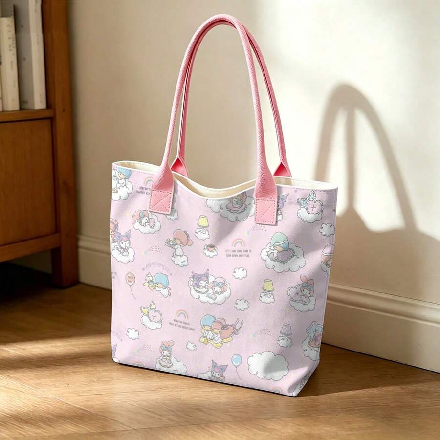 Miniso 三丽鸥卡通人物梦幻云朵印花帆布手提袋,粉色底,可爱卡通人物图案,适合日常使用。 - 粉色 - 查看 1