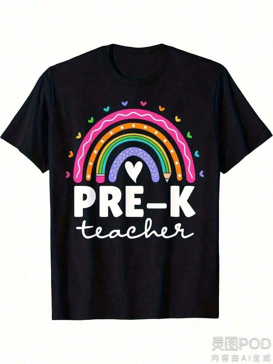 Preschool Teacher T-Shirt - Retro Heart Design With Preschool Lettering, Women's Cotton T-Shirt, Casual Short Sleeve Clothing, Loose Fit Summer T-Shirt, Daily Wear For Preschool Staff And Teachers, Suitable For Spring, Summer And Autumn. - 黑色 - 查看 1