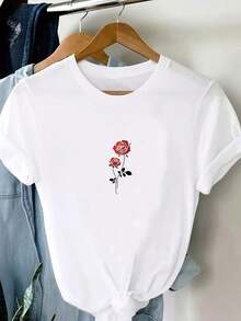 Camiseta Casual con Estampado Floral para Mujer - Top de Manga Corta con Cuello Redondo y Diseño de Rosas Rojas Brillantes y Hojas Verdes, Ligera y Adecuada para el Verano, Camiseta para Mujer - Camiseta Unisex de Algodón, Corte Holgado, Cómoda y de Estilo Vintage Urbano, Ideal para primavera, verano y otoño. - Blanco - Ver 1